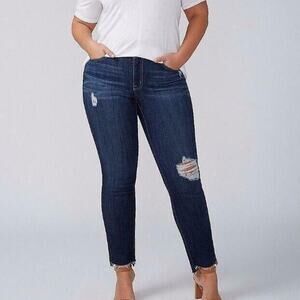 Lane Bryant High Rise Distressed Raw Frayed Hem Skinny Stretch Jean 16 Dark Blue